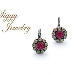 Swarovski Crystal Flower Earrings, Indian Pink Center, Luminous Green Petals
